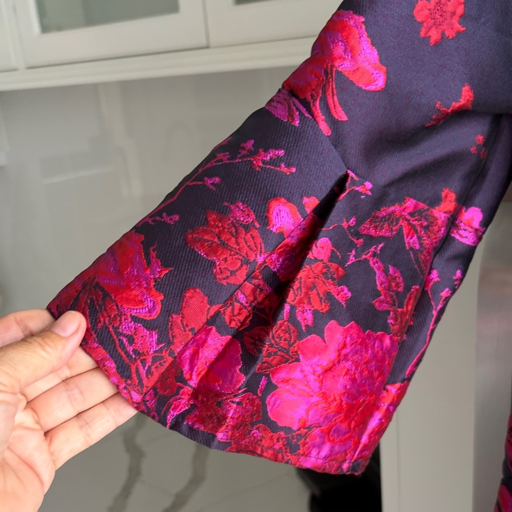 Anthropologie Navy Jacket with Fuchsia Floral Jacquard - Picture 2 of 7